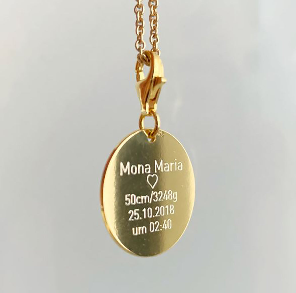 Chain pendant gold 18mm with carabiner / TEXT ENGRAVING